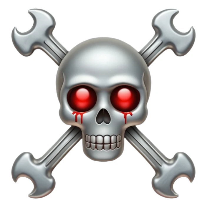 Emoji-style metallic bones with traces of blood, steel texture, dark dramatic tone, clean background sticker