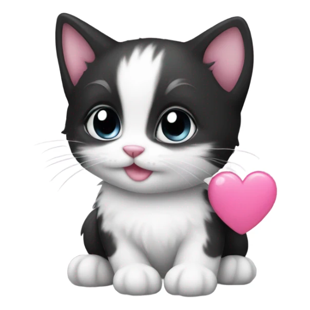 black and white kitten with pink heart sticker