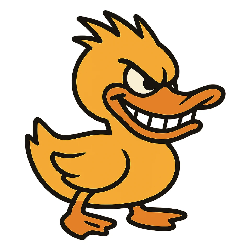 flat toon style duck with spiky feathers and villainous grin sticker