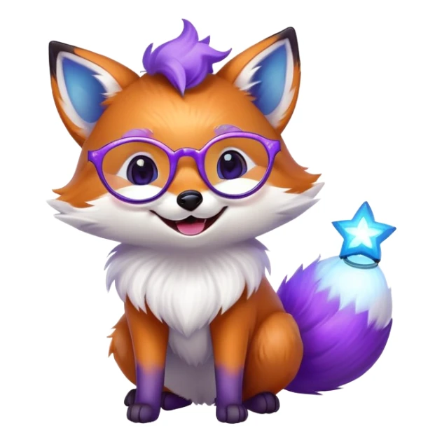 small magical fox with purple and blue fur, glowing fluffy tail, silver star on forehead, round glasses, tiny lantern, laughing with joy sticker