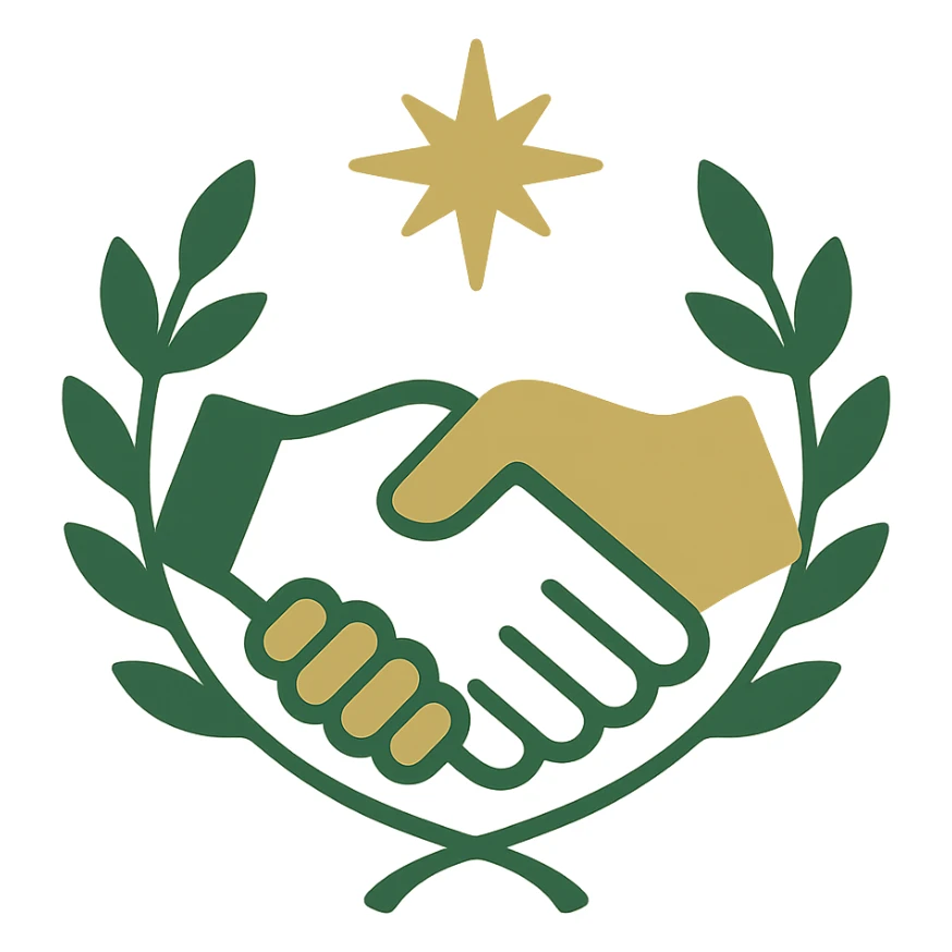 partnership icon, classic look, green gold and white color scheme, elegant lines, decorative details, no background sticker