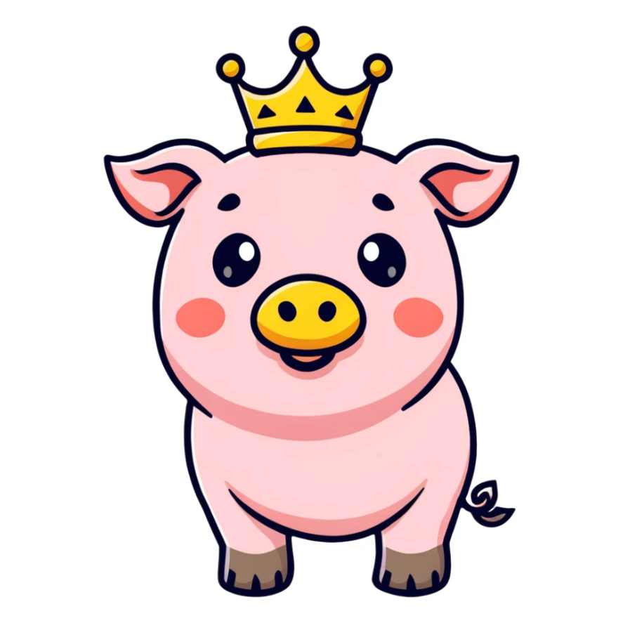 cute pig with a golden crown, chunky, colorful, simple, playful sticker