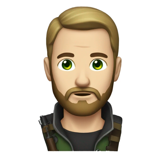 man with beard and short hair green eyes bandit gun sticker