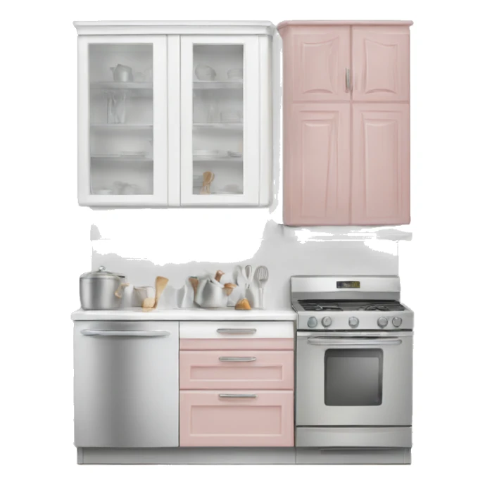 Realistic front facing white and rose silver hanging kitchen cabinets  sticker