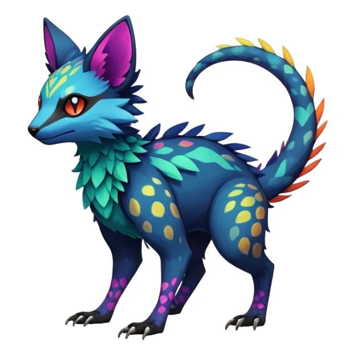 Rare realistic dark edgy badass epic pretty beautiful handsome gorgeous aesthetic colorful vibrant Vernid-Trico-species-Fakemon-creature by LiLaiRa, 4 legs, 1 tail, random markings, (full body) sticker