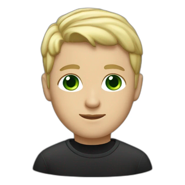 A blond short haired man with green eyes and a black sweatshirt sticker