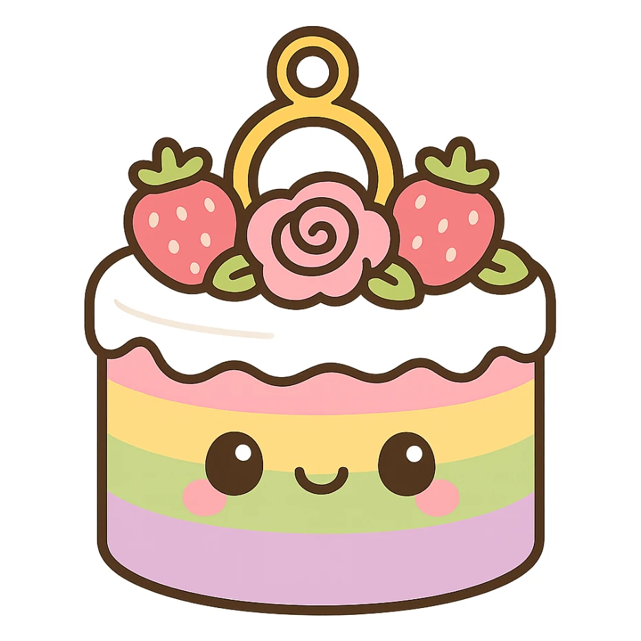 rainbow wedding cake with strawberries, pink roses, gold ring topper, kawaii style sticker