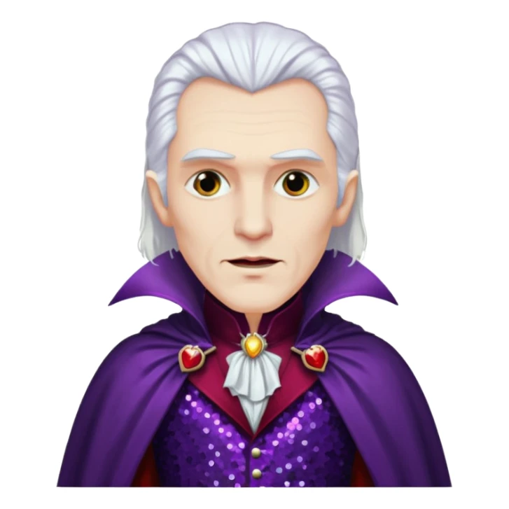 Dracula with long white hair, dark purple sequin suit, dark red sequin cape sticker