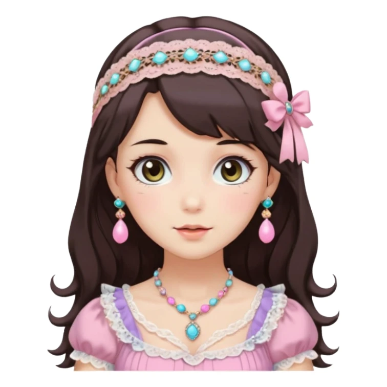 Gorgeous spectacular epic realistic mature anime-styled smooth soft shiny romantic pastel anime style adult lady with blushing cheeks, with a lace-maiden-headband, long beautiful luscious stylish hair, big pretty eyes, dark-brown hair, colorful pastel Lolita dress, necklaces, jewels sticker