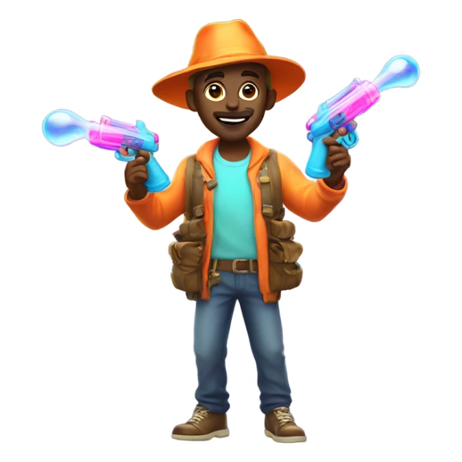 Guy in glowing outfit and hat with bubble guns in each hand sticker