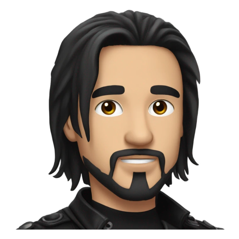 Man with long black hair, black goatee, square jawline, eyeliner, black leather jacket, black pants, black shirt and pentacle necklace sticker