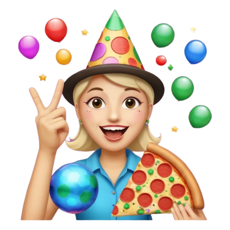 funny emoji called 'party Overload': laughing face with disco ball eyes, tilted party hat, making a finger gun with one hand, holding pizza in the other sticker