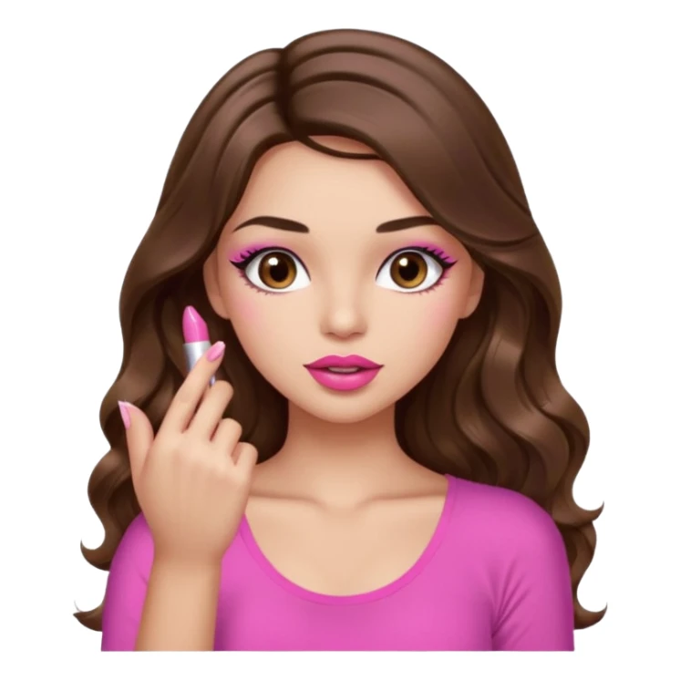 girl with long wavy brown hair, brown eyes, light to medium complexion, in a pink sexy top, pink lips, long lashes, puckered lips, showing my manicure one hand sticker