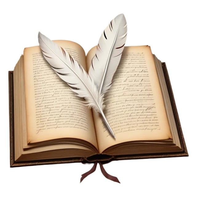 Create a poetic and elegant emoji representing poetry. The design should feature several vintage, gracefully flying pages with short, poetic columns written on them. A white feather quill should be depicted writing on one of the pages, with ink flowing smoothly. The pages should have a soft, antique look, with subtle details to convey the delicate nature of poetry. Use soft, light colors with a romantic, airy feel. Make the background transparent. sticker