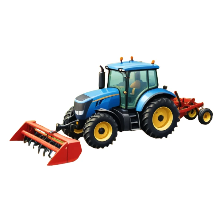 An icon representing a farming simulator, with a detailed tractor plowing fields under a bright sky with bright rural landscape. The design includes farming tools, crops and barns, symbolizing the immersive experience of managing a farm. Transparent background. sticker
