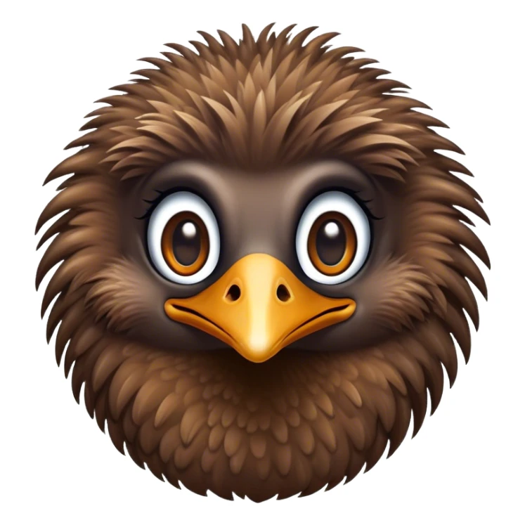 Cinematic Cute Emu Portrait Emoji, Head tilted playfully and inquisitively, featuring a glossy, textured brown plumage with a perky head and round, sparkling eyes full of curious wonder, Simplified yet irresistibly adorable features, highly detailed, glowing with a warm, friendly glow, high shine, affectionate and lively, stylized with a touch of outback whimsy, bright and endearing, soft glowing outline, capturing the essence of a mischievous yet loving emu, so playful it feels like it could gallop out of the screen into your arms! sticker