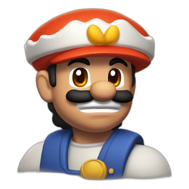 Mario with snow white skin, his hat is burnt red with a red-orange brim sticker