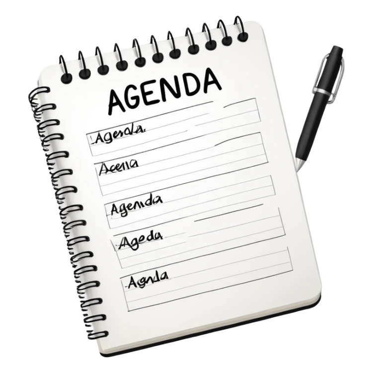A notebook with 'AGENDA' written on top and meeting items listed below with bullet points sticker