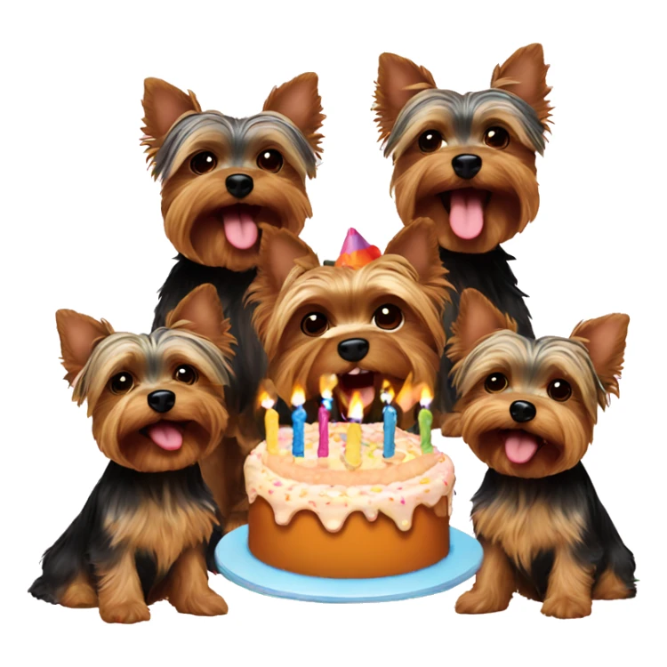 Five yorkies singing happy birthday with cake sticker