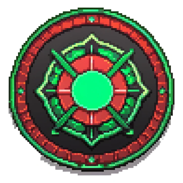 Member medallion with green to red gradient aura and pixel art details sticker
