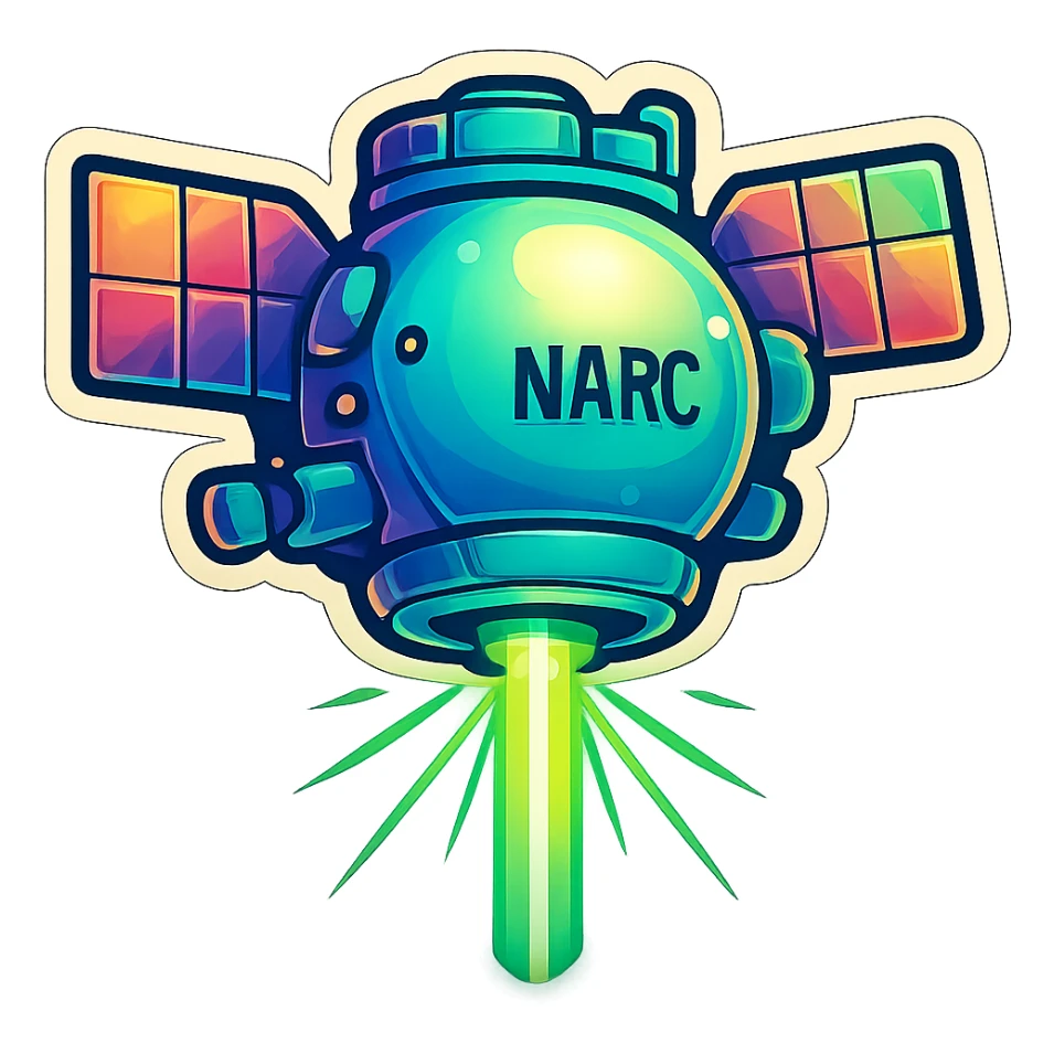 Tactical satellite in retro stickers style, with solar panels extended and a green scanning beam, bold outlines, and vibrant colors. sticker