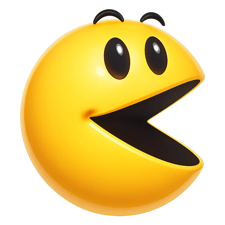 Redraw the Pac-Man character in the emoji style with smooth shading, glossy highlights, and a 3D look. Keep the playful open mouth and yellow color. Transparent background. sticker