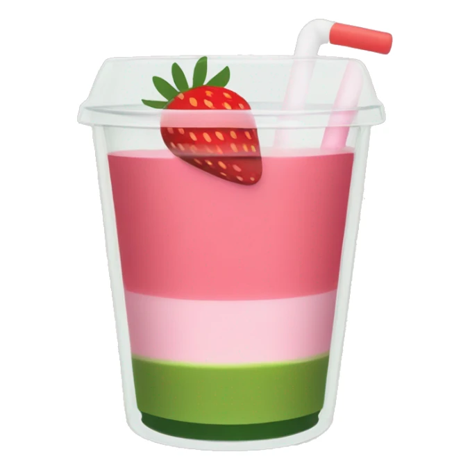 clear cup of strawberry matcha with a green top half layer and pink bottom half layer. A transparent straw sticks out sticker