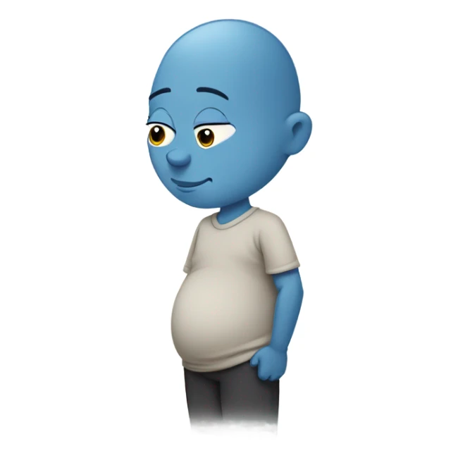 a blue skinned man with a stoic expression , pregnant, rubbing his belly. Bald. Side profile like the pregnant male emojji, cartoonishly simple face. sticker