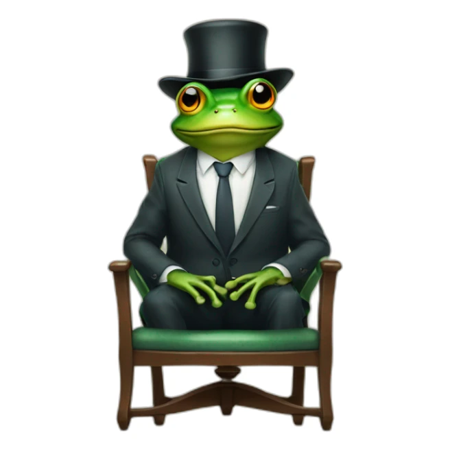a frog wearing a suit and hat sitting on a chair looking straight sticker