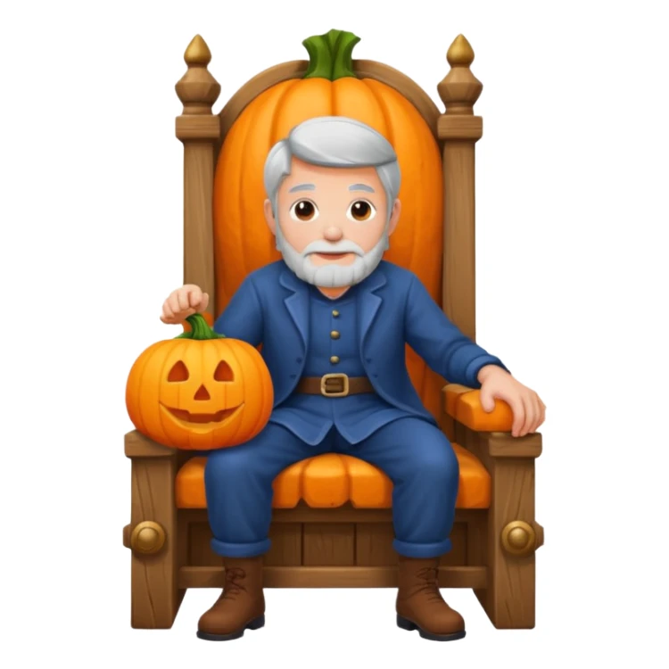 Looking older Sitting on an oversized wooden throne holding an orange pumpkin sticker