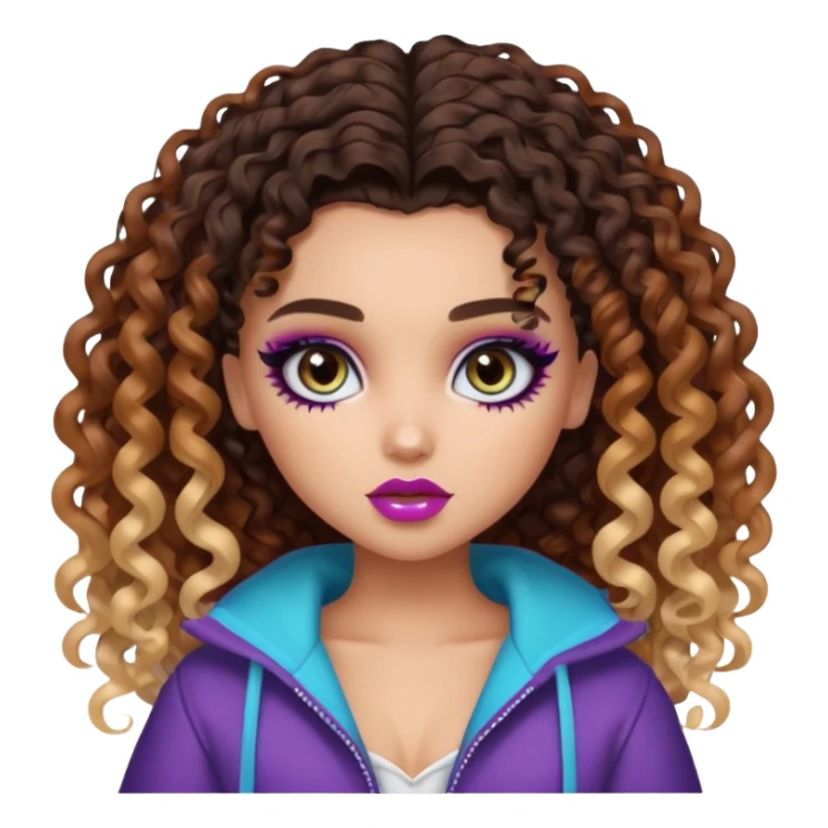 curly split dye light and dark hair, pretty eyes, pretty makeup, pretty bratz baddie sticker