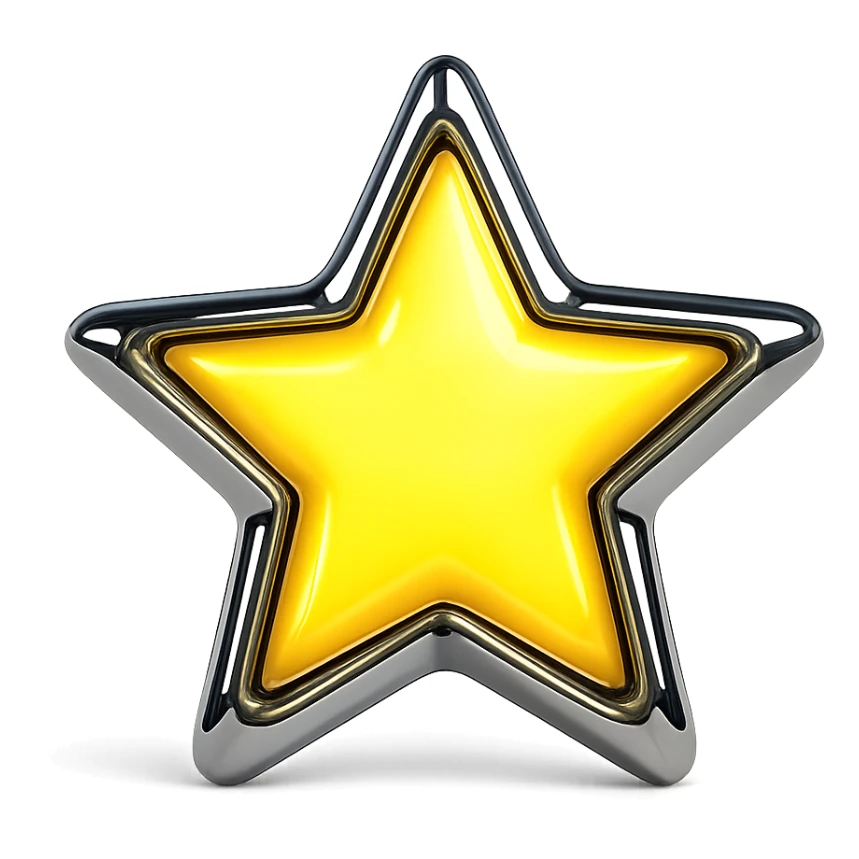 A symmetrical, cartoon-like star with shiny edges, glowing yellow sticker