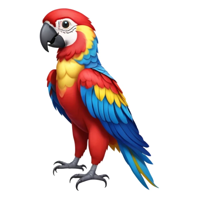 cinematic-macaw-realistic-full-body-standing-emoji,-vibrant-feathers-glowing-with-rich-reds,-blues,-and-yellows,-head-tilted-dramatically,-curved white-beak-gleaming,-piercing-dark-eyes-exuding-confidence,-simplified-yet-realistic-focused sticker