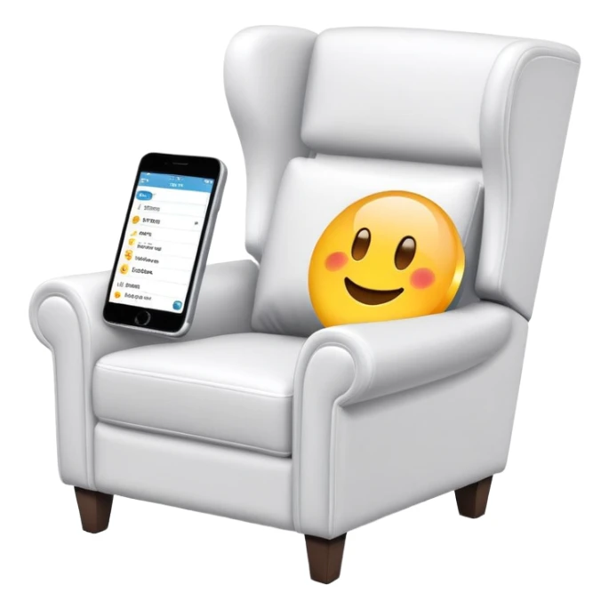 smartphone at an angle in foreground showing armchair product page on screen, with sparkle emoji sticking out on the left side sticker