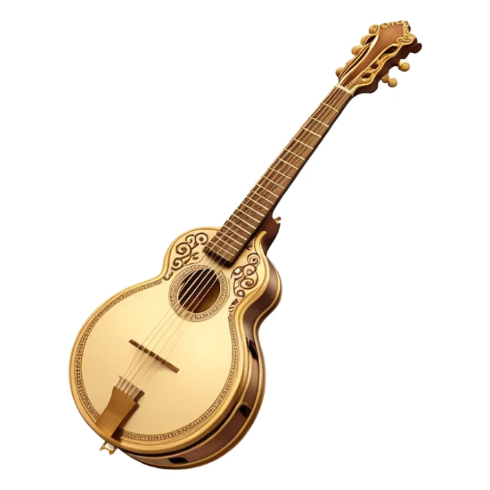 Bouzouki – Cinematic Realistic Bouzouki, depicted as a beautifully crafted Greek string instrument with a long neck and ornate fretwork, its polished wooden body reflecting warm golden light, set on a rustic background with soft shadows that evoke traditional Mediterranean music. sticker