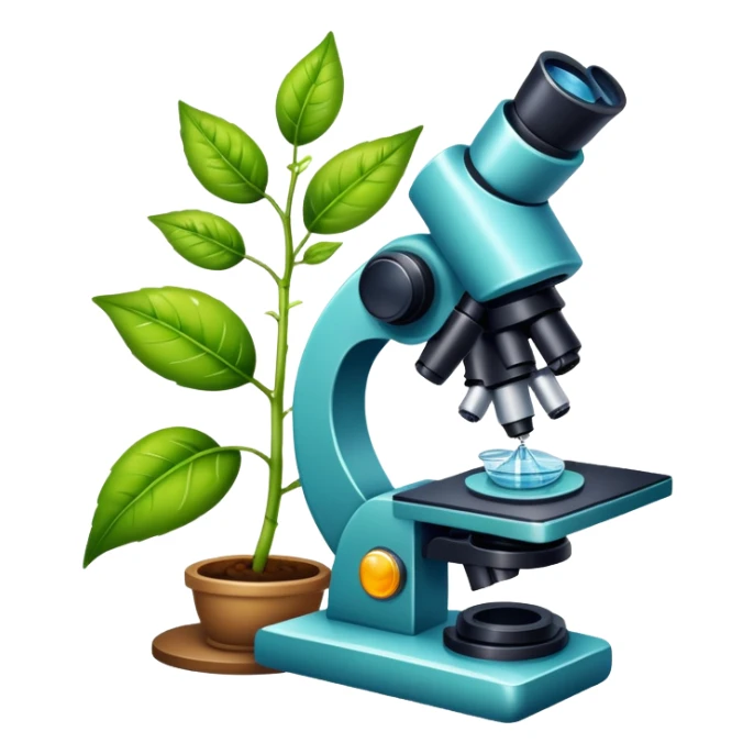 An icon featuring a microscope, a DNA strand, and a plant, symbolizing biology. The design includes animal cells, a leaf, and scientific formulas, representing the study of living organisms and ecosystems. Transparent background highlights biological research and discovery. sticker