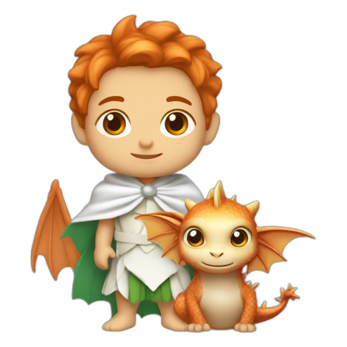 fée rousse avec une cape verte portant un bébé dragon blanc sticker