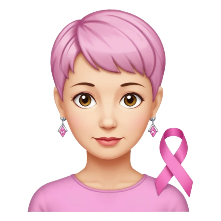 Mature Woman with pixiecut wearing earrings of pink ribbons sticker