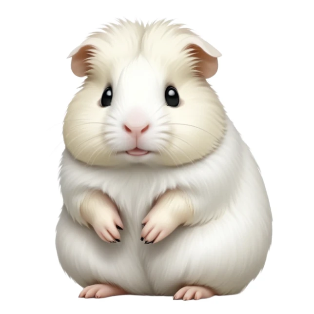 cinematic-[white guinea pig]-realistic-full-body-sitting-emoji,-tiny-paws-tucked-close,-head-tilted-dramatically,-fluffy-[solid white]-fur,-simplified-yet-realistic-focused-features,-highly-detailed,-glowing-with-an-almost-sarcastic-glow sticker