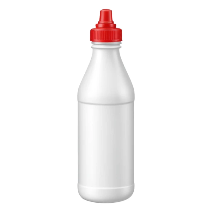 tall opaque plastic bottle with narrow neck, molded grip, screw cap, white bottle with red cap, slightly industrial shape, strong cleaning use, no label, no hazard sign, sealed bottle, soft lighting, subtle shadows, emoji scale sticker