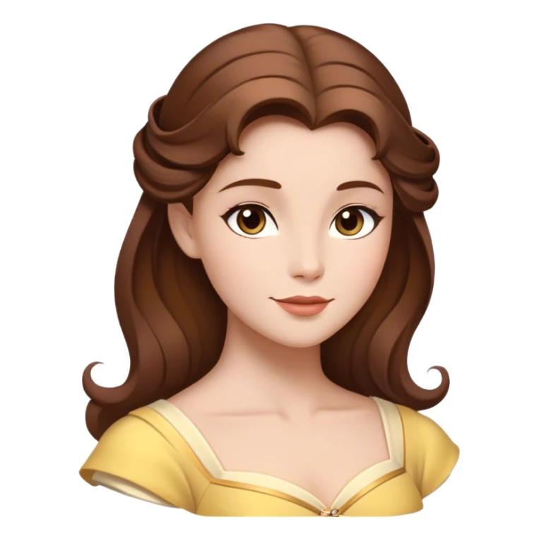 Cinematic Timeless Belle Portrait Emoji, rendered in a clean, vector style. Depict Belle with fair, luminous skin, beautifully arranged brown hair, and a serene, graceful expression, dressed in her classic attire. The design features bold, simplified shapes, a soft, enchanting glow, and a subtle glowing outline, capturing the essence of pure, timeless beauty. sticker