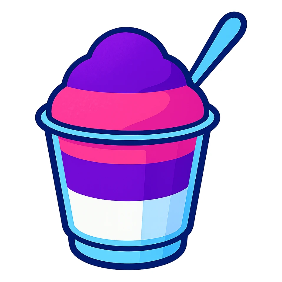Italian ice with three distinct stripes: purple, pink, and white, in a transparent cup, with a spoon sticker