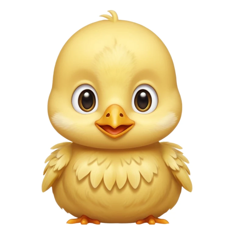 Cute baby chick named Lex, smiling with big shiny eyes, soft yellow feathers, round head, very adorable emoji style sticker
