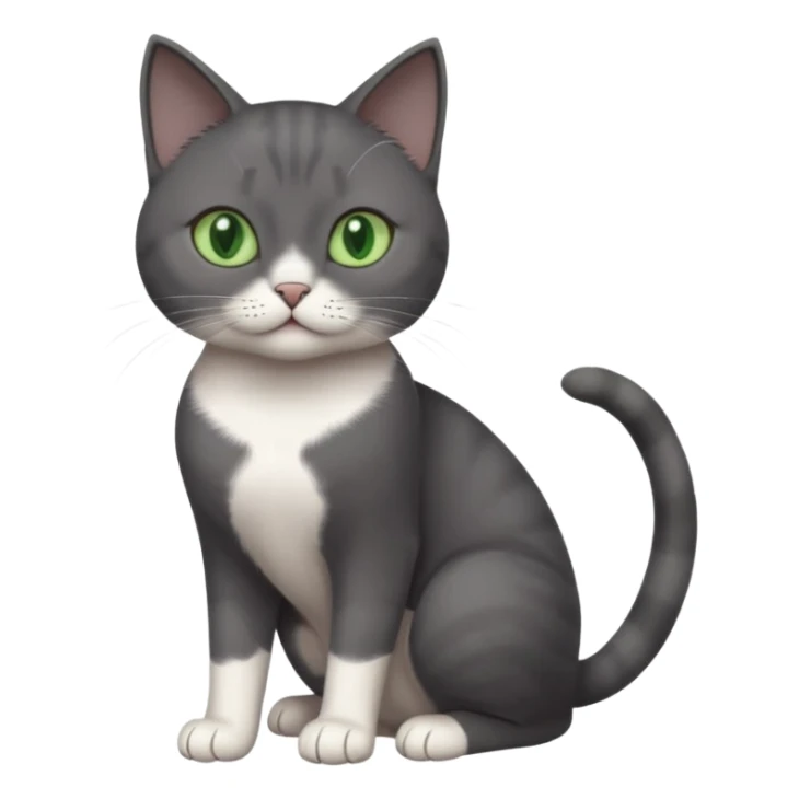 beautiful female solid dark grey cat with green eyes, white toes/paws and white patch on her chest playing sticker