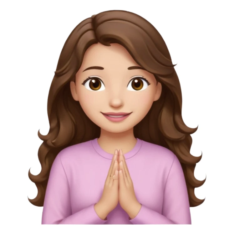 girl with wavy long brown hair, brown eyes, light to medium complexion, long lashes, light pink lipstick, praying, smiling, wearing light pink shirt sticker