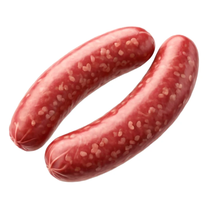 portion of raw sausage filling, coarse grind, pink-red meat, visible white fat, moist uneven texture, natural color variation, unprocessed look, clean 3D rendering, soft light, subtle shadow, no background elements, no anthropomorphic features, transparent background, emoji scale sticker