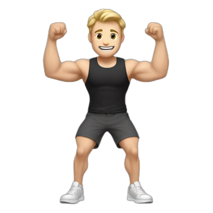 To belt Actively gesturing with hands Pale skinned Fit Man With the biceps and light brown hair in black shirt, gray sports shorts and white Sneakers sticker