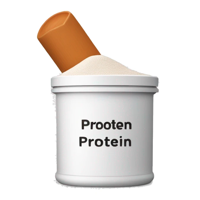 An emoji of a protein powder container with a scoop, labeled with a bold 'Protein' text on the front sticker