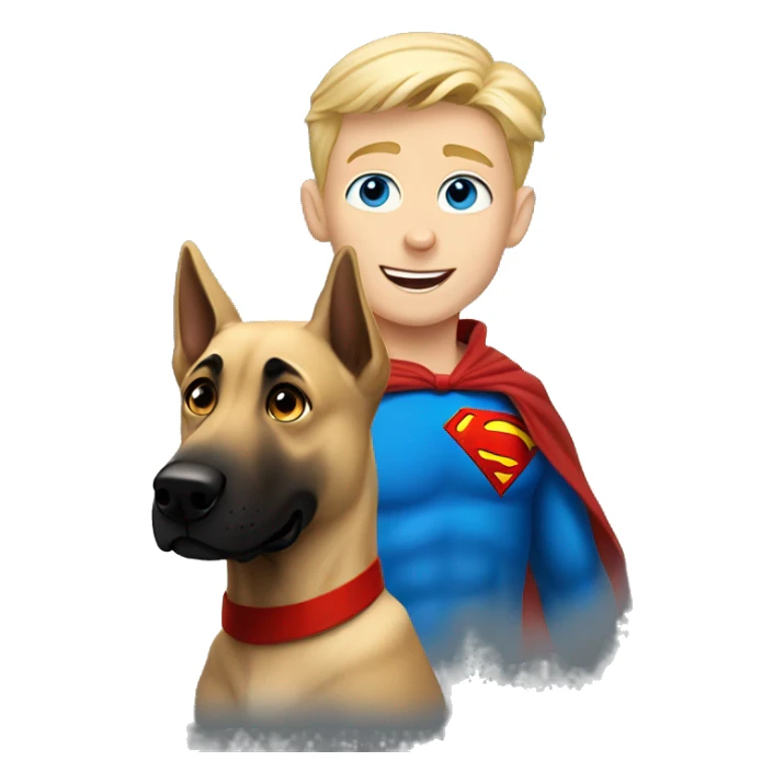blond boy with blue eyes flying with his malinois dog superman sticker