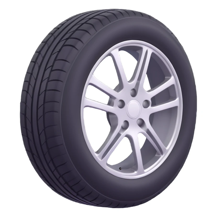 3D emoji style car tire, side view, black rubber, silver rim, simple and expressive sticker